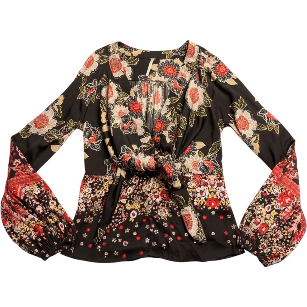 Free People Floral Tie Front Balloon Sleeve Blouse Black Red Medium